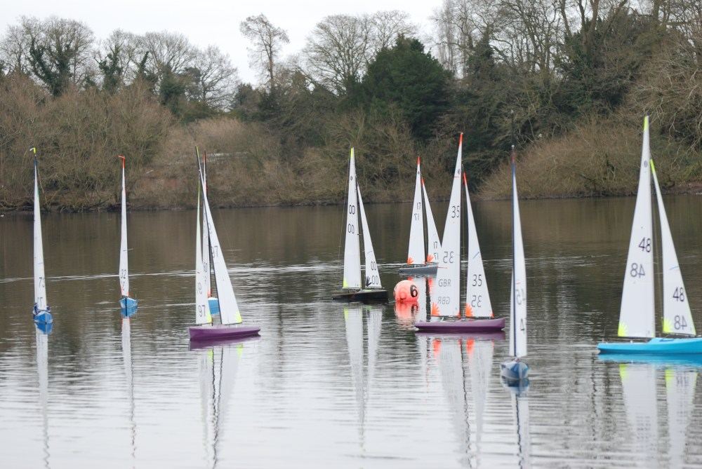 Yachts rounding a mark below the trees